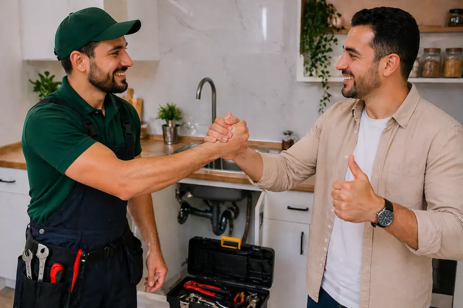 Client satisfait et plombier Mo9ef heureux après une intervention de plomberie réussie
