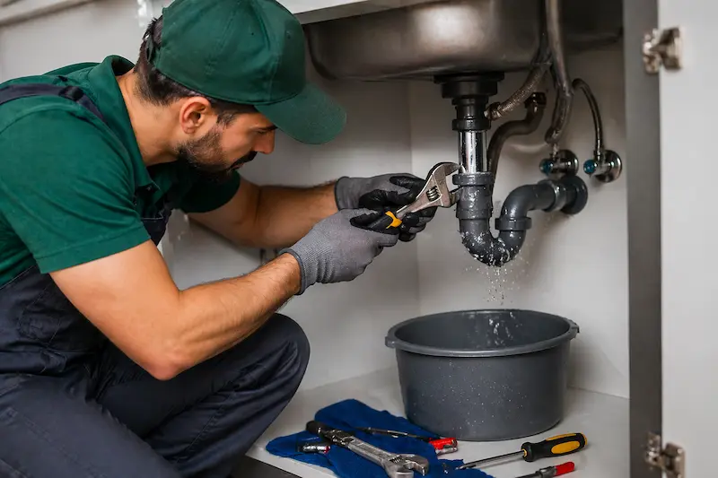 Réparation d’une fuite d’eau sous évier par un plombier professionnel avec outils